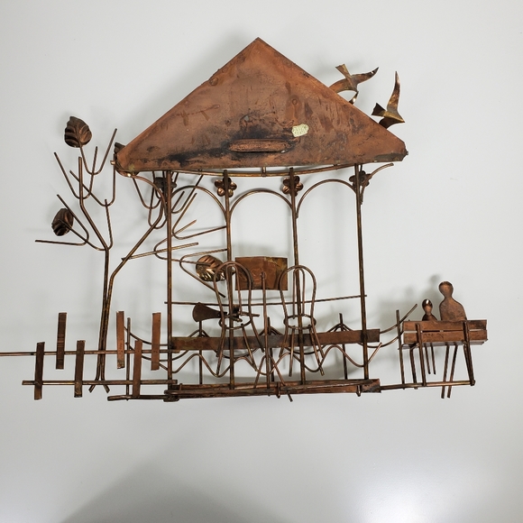 Vintage Emesco 3D copper wall art gazebo, park bench, trees, and flowers - Picture 9 of 12